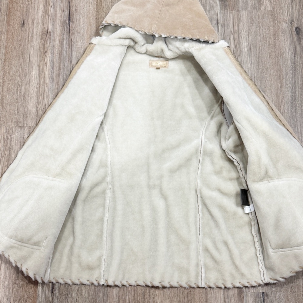 Wilsons Leather Tan Suede Coat Ivory Faux Fur Lined Hooded Jacket Womens 1X - Picture 8 of 15